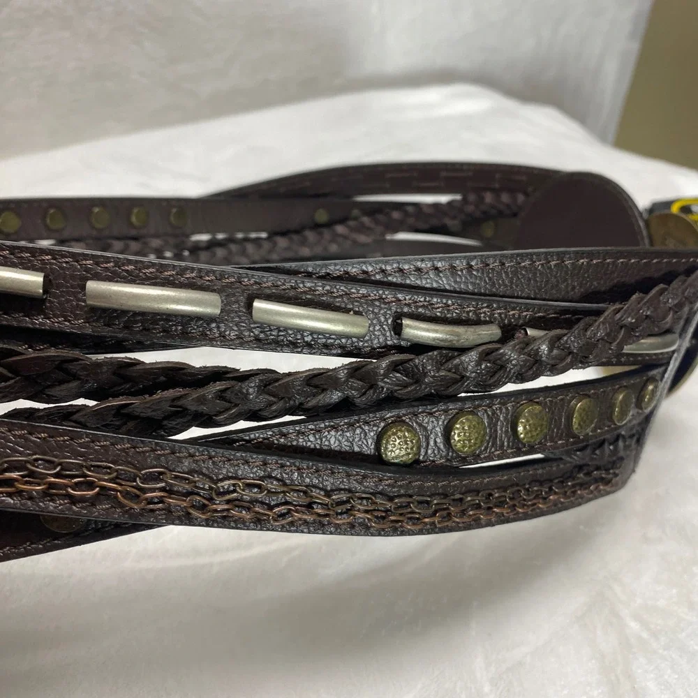Chicos Faux Leather Dark Brown Wide Braided Studded Belt‎ Fashion Accessory Chic